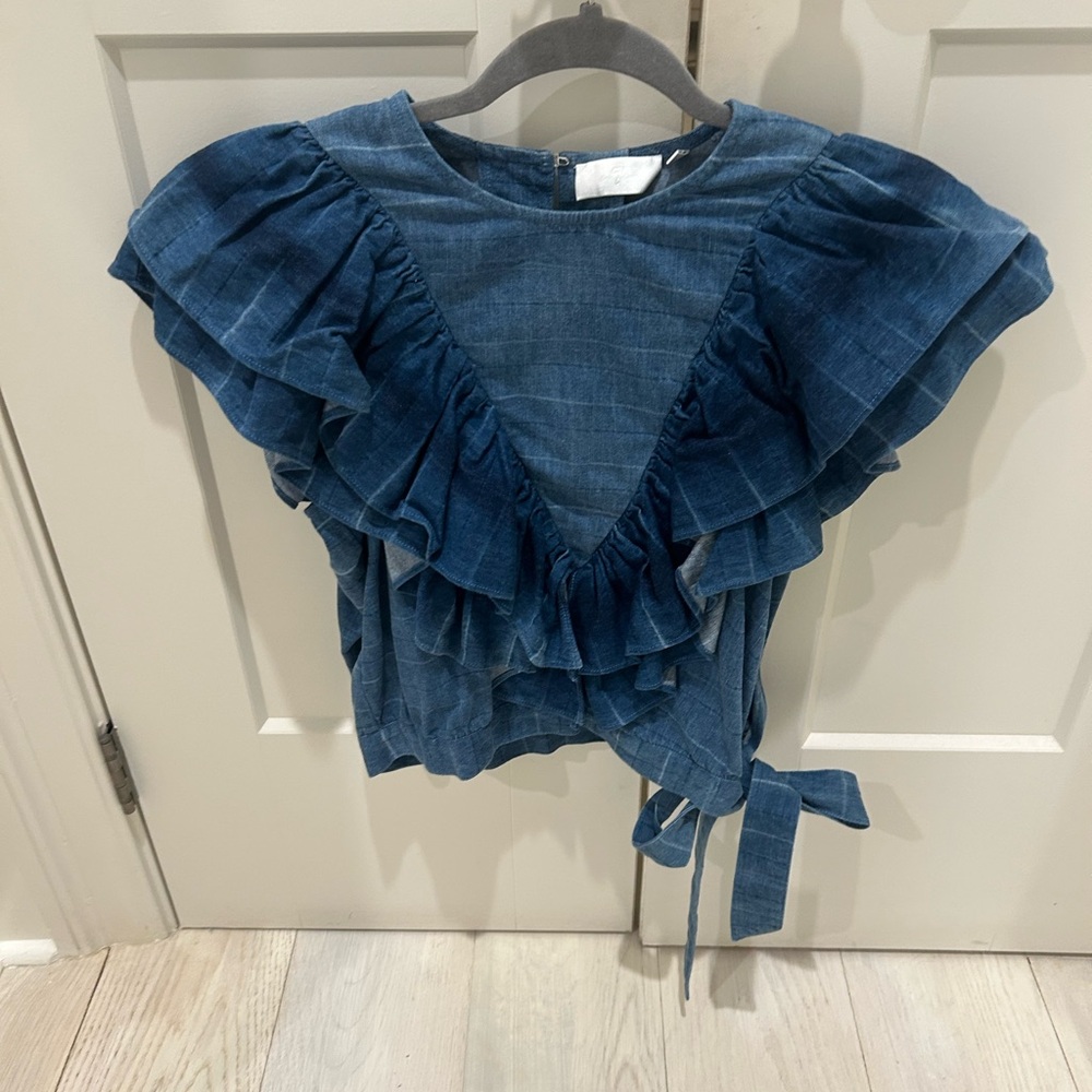 7 For All Mankind Blue Ruffled Denim-Style Tie Blouse